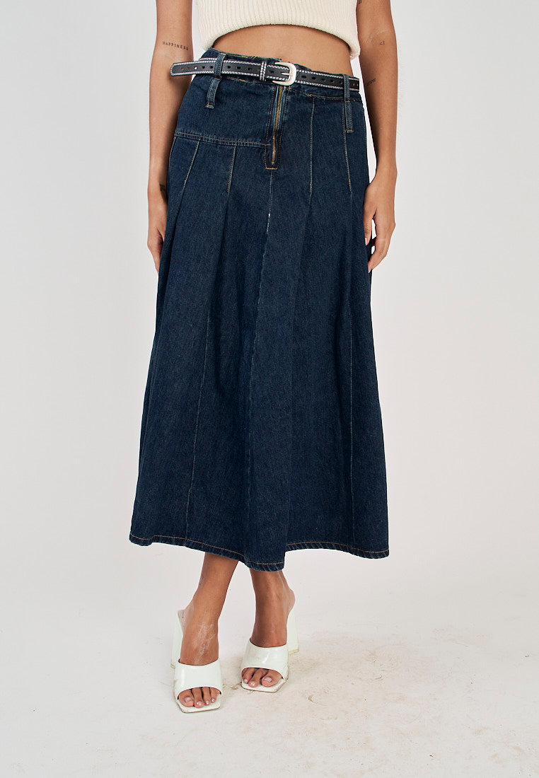 Hershee Blue Denim Pleated Zipper Fly Side Zipper Midi Skirt with Belt