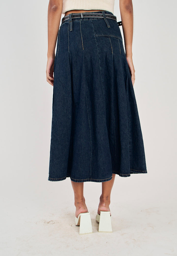 Hershee Blue Denim Pleated Zipper Fly Side Zipper Midi Skirt with Belt