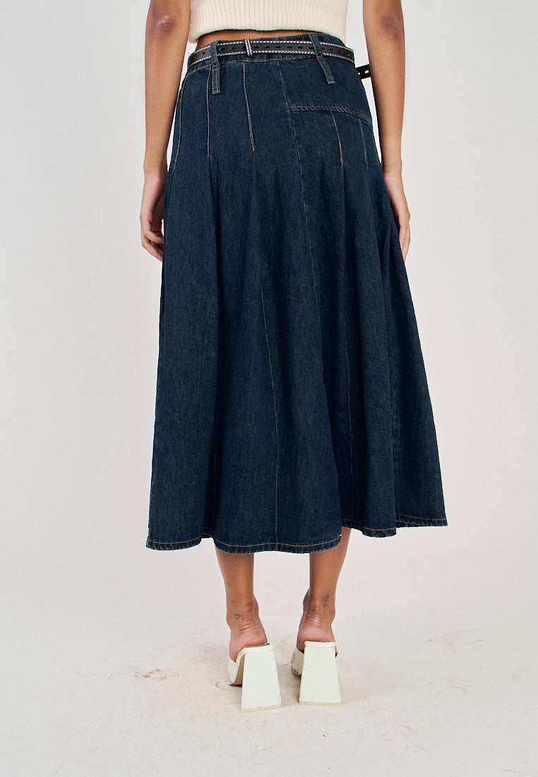 Hershee Blue Denim Pleated Zipper Fly Side Zipper Midi Skirt with Belt
