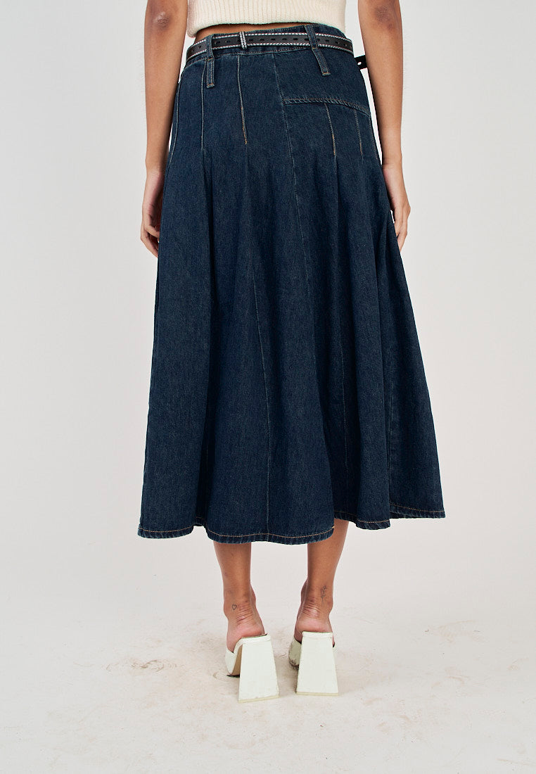 Hershee Blue Denim Pleated Zipper Fly Side Zipper Midi Skirt with Belt