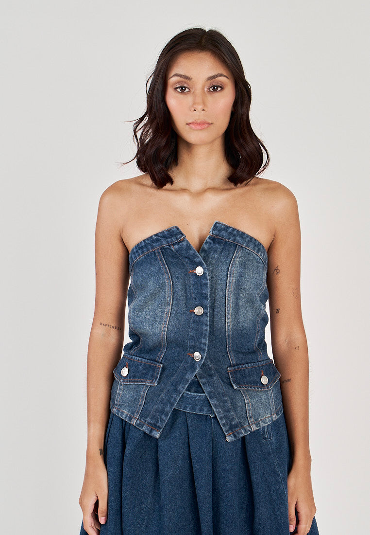 Roanne Blue Denim Single Breasted Front Slit Smocked Back Tube Tank Top