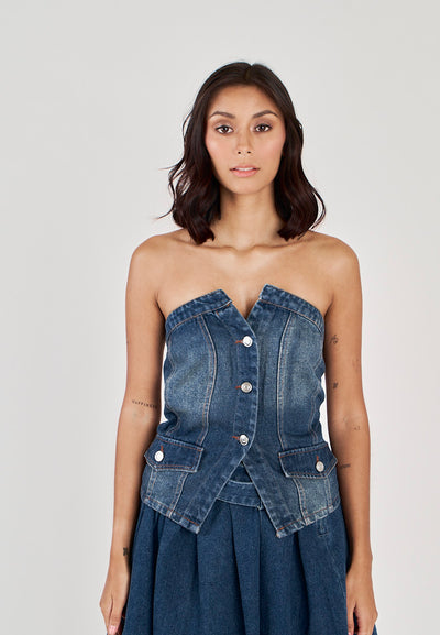 Roanne Blue Denim Single Breasted Front Slit Smocked Back Tube Tank Top
