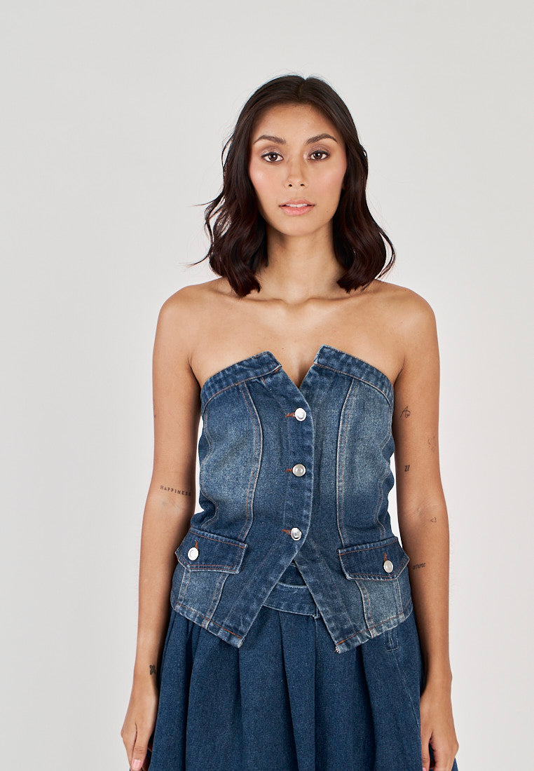Roanne Blue Denim Single Breasted Front Slit Smocked Back Tube Tank Top