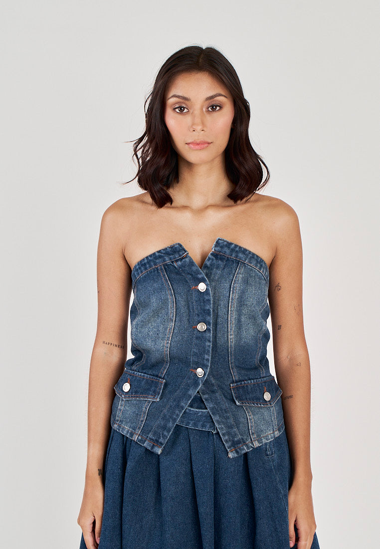 Roanne Blue Denim Single Breasted Front Slit Smocked Back Tube Tank Top
