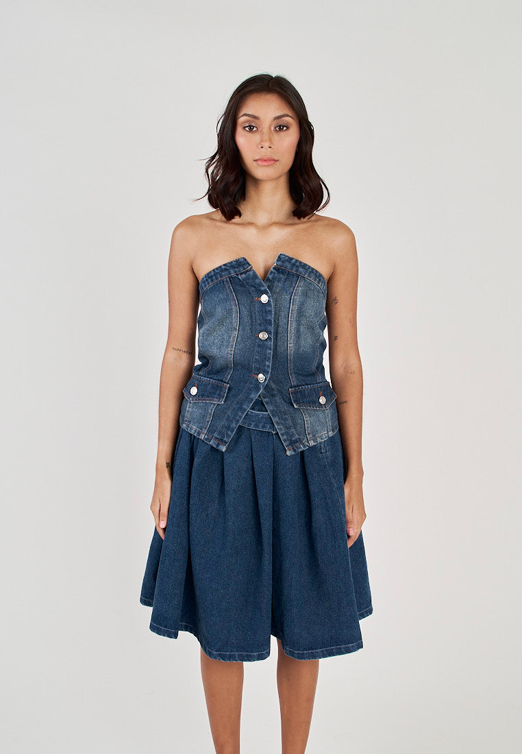 Roanne Blue Denim Single Breasted Front Slit Smocked Back Tube Tank Top