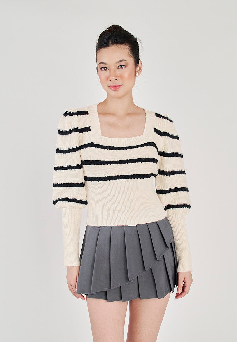 Fabianne White and Black Stripes Square Neck Long Sleeve Sweater top