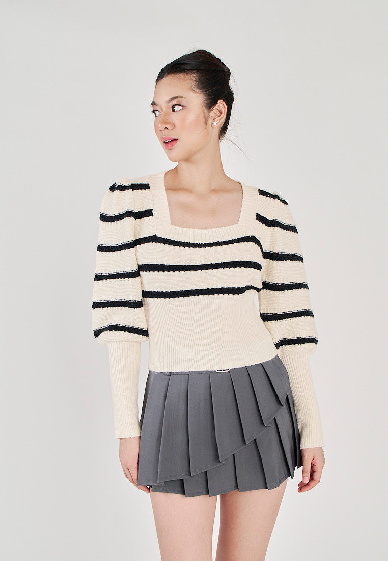 Fabianne White and Black Stripes Square Neck Long Sleeve Sweater top