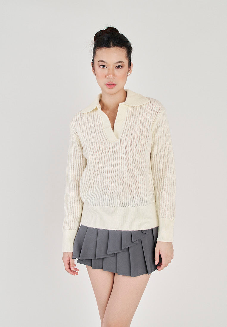 Fileo White V Neck Knitted Collar Long Sleeve Sweater Top