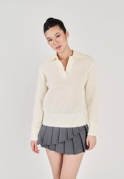 Fileo White V Neck Knitted Collar Long Sleeve Sweater Top