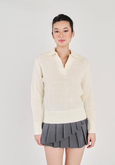 Fileo White V Neck Knitted Collar Long Sleeve Sweater Top