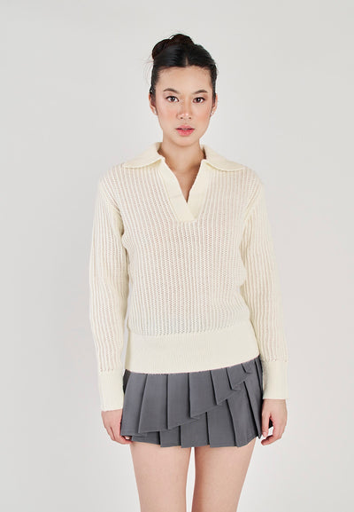 Fileo White V Neck Knitted Collar Long Sleeve Sweater Top