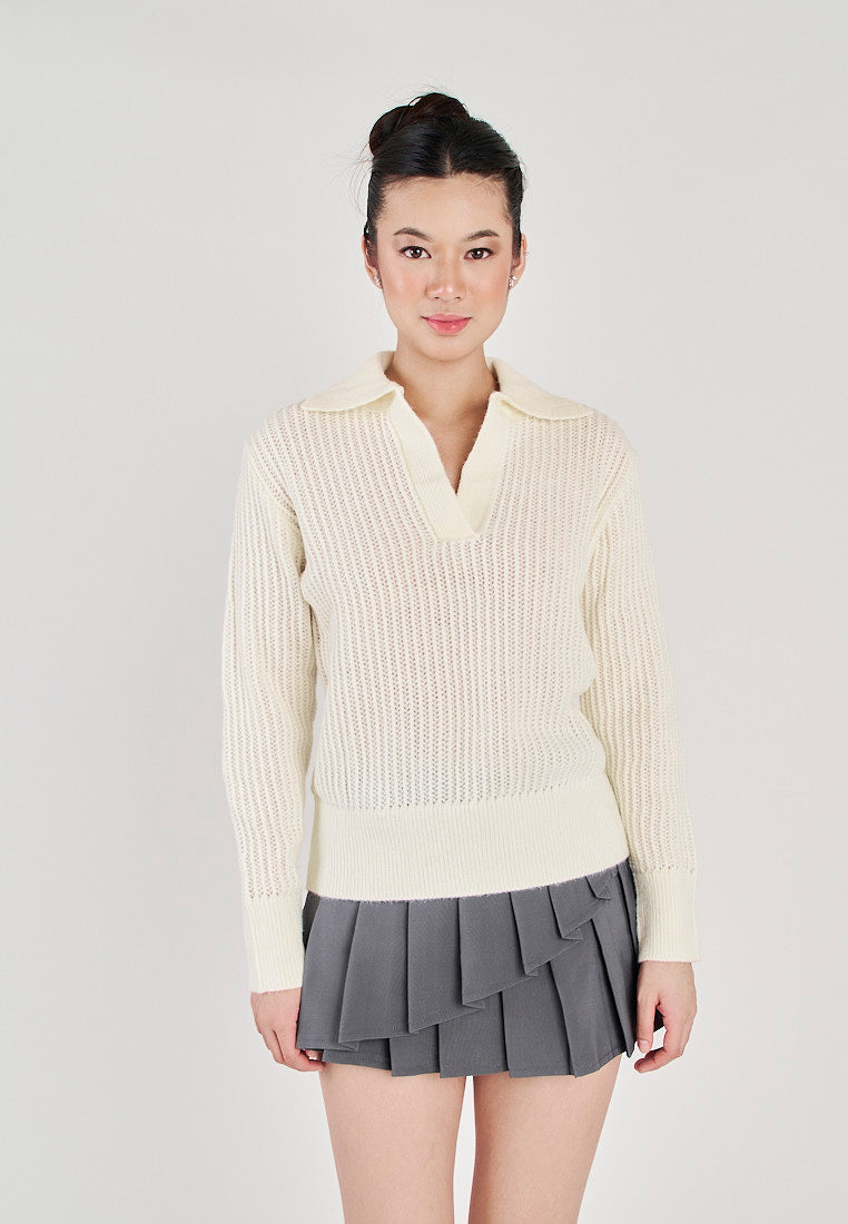 Fileo White V Neck Knitted Collar Long Sleeve Sweater Top