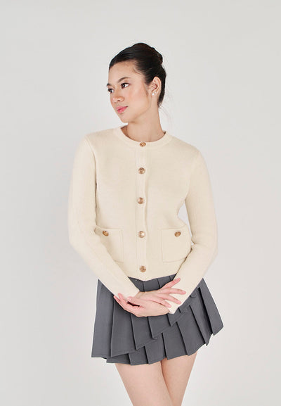 Floyd White Round Neck Button Long Sleeve Sweater Top with Front Pockets