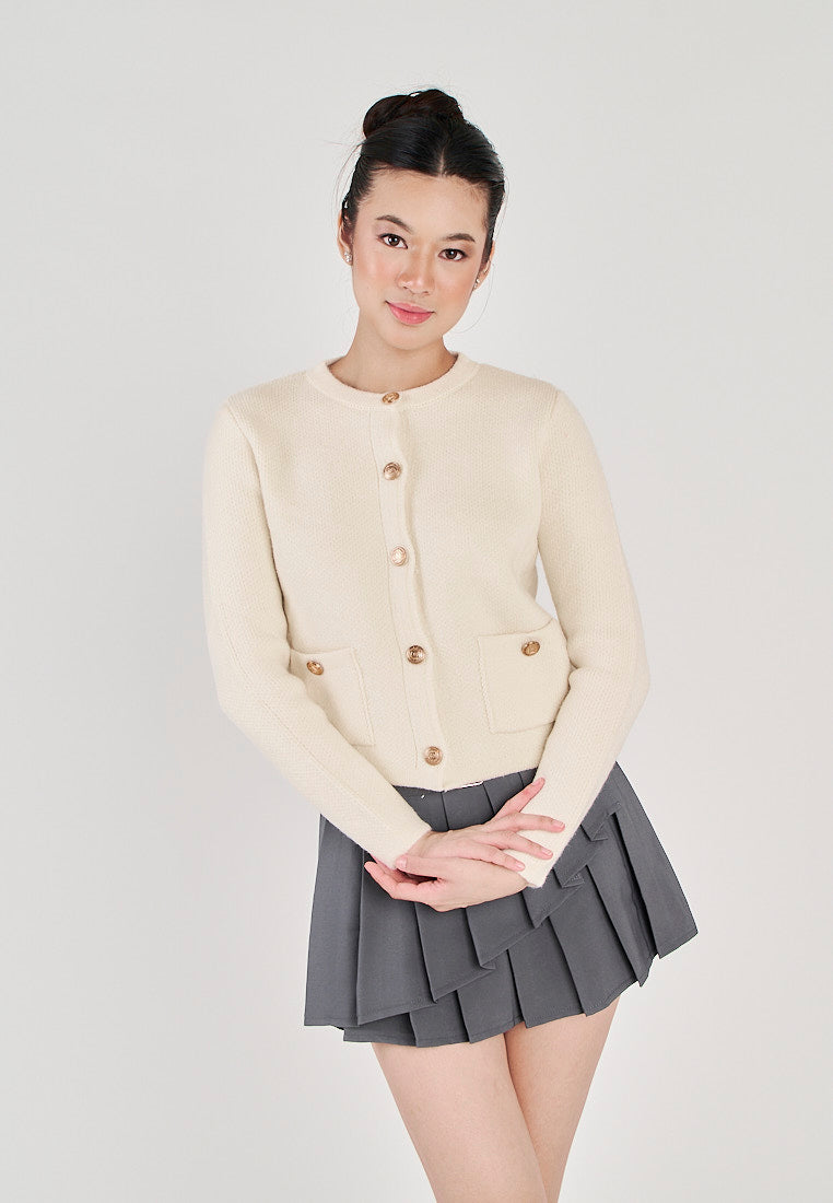 Floyd White Round Neck Button Long Sleeve Sweater Top with Front Pockets