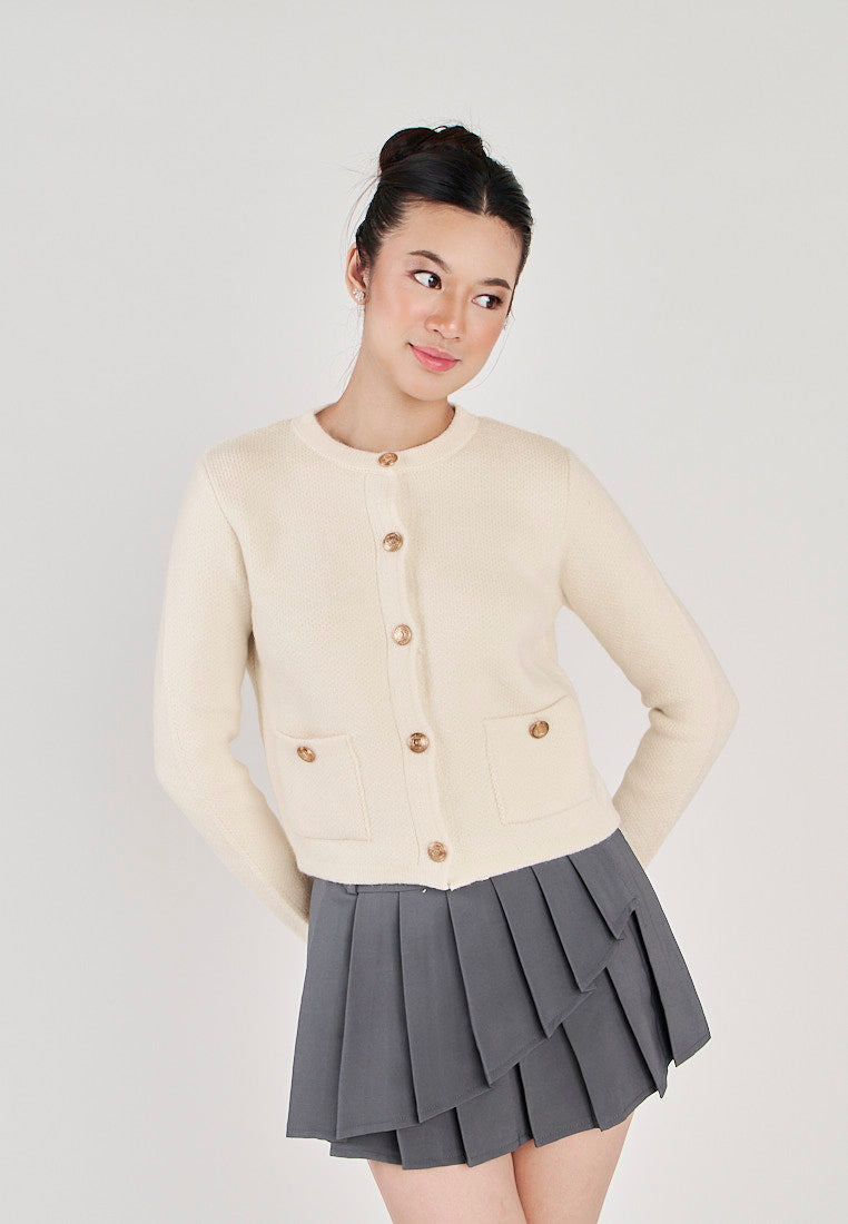 Floyd White Round Neck Button Long Sleeve Sweater Top with Front Pockets