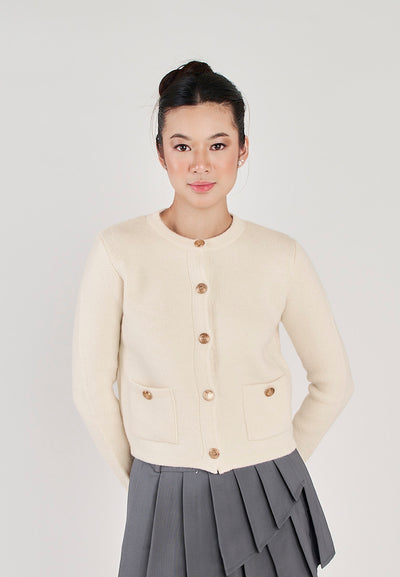 Floyd White Round Neck Button Long Sleeve Sweater Top with Front Pockets