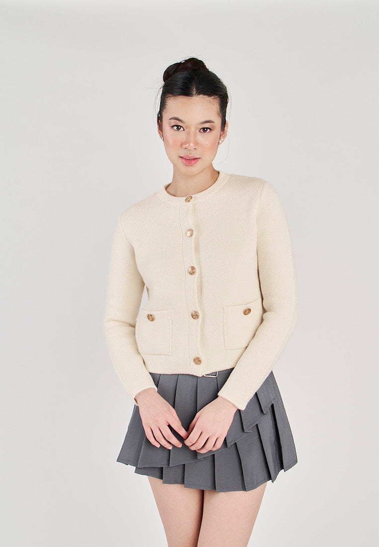 Floyd White Round Neck Button Long Sleeve Sweater Top with Front Pockets