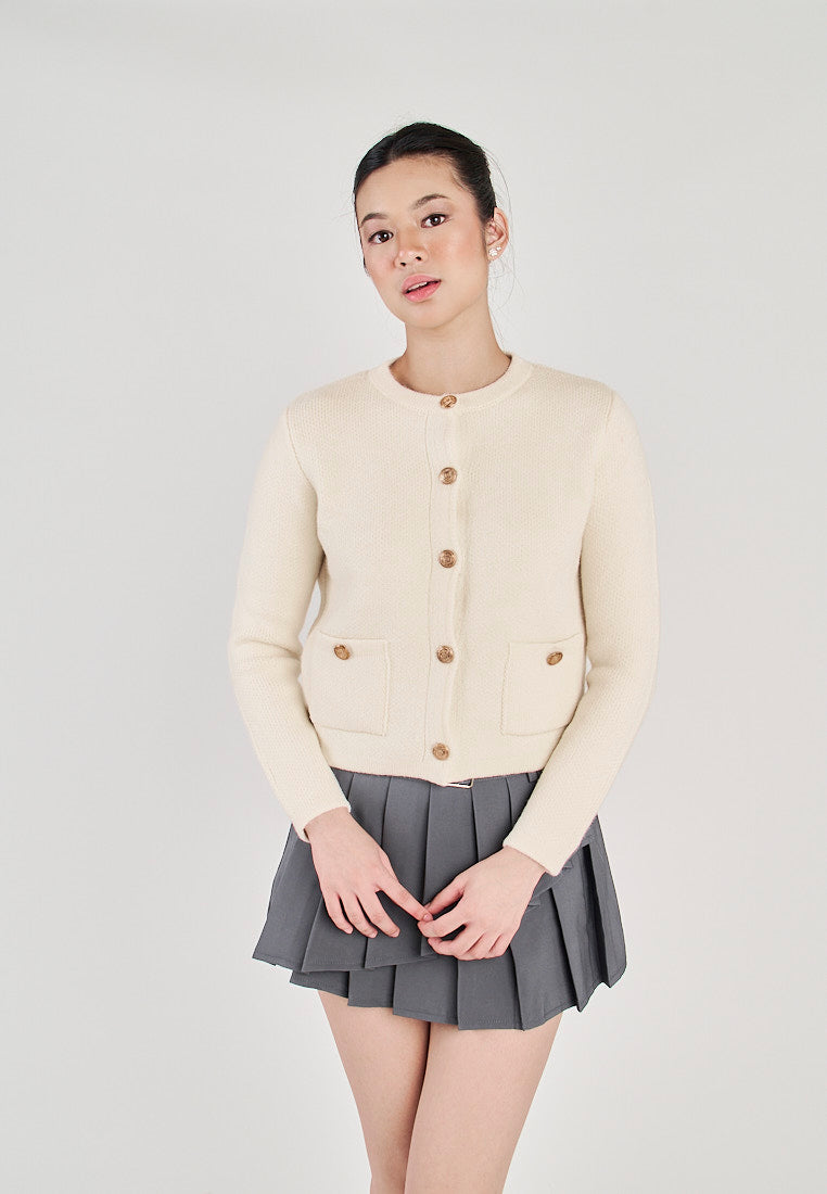 Floyd White Round Neck Button Long Sleeve Sweater Top with Front Pockets