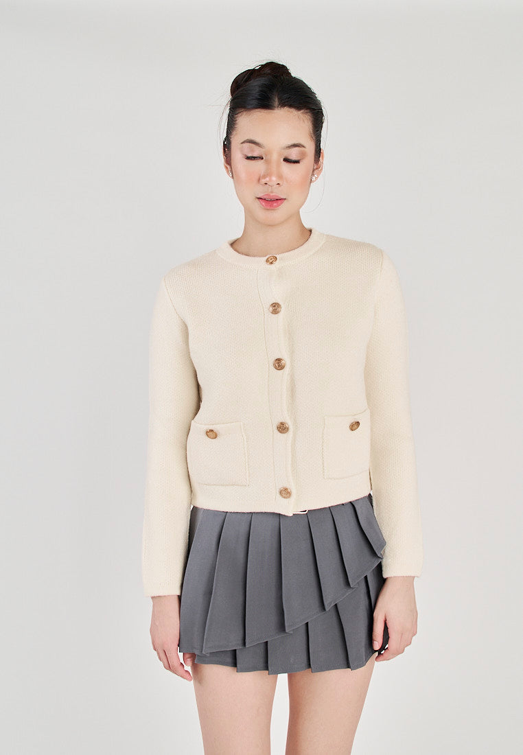 Floyd White Round Neck Button Long Sleeve Sweater Top with Front Pockets