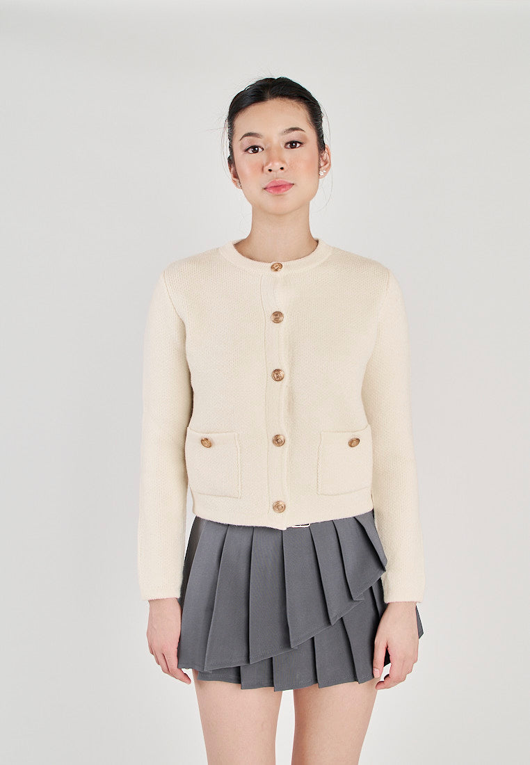 Floyd White Round Neck Button Long Sleeve Sweater Top with Front Pockets