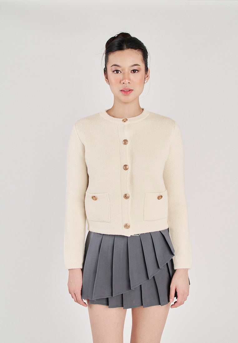 Floyd White Round Neck Button Long Sleeve Sweater Top with Front Pockets