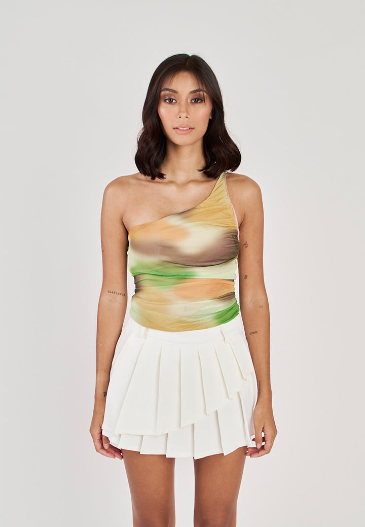 Geniva Multicolor Tie Dye Assymetrical Neckline Ruched Sides Bodysuit