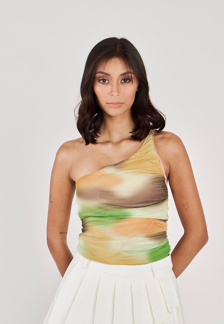 Geniva Multicolor Tie Dye Assymetrical Neckline Ruched Sides Bodysuit