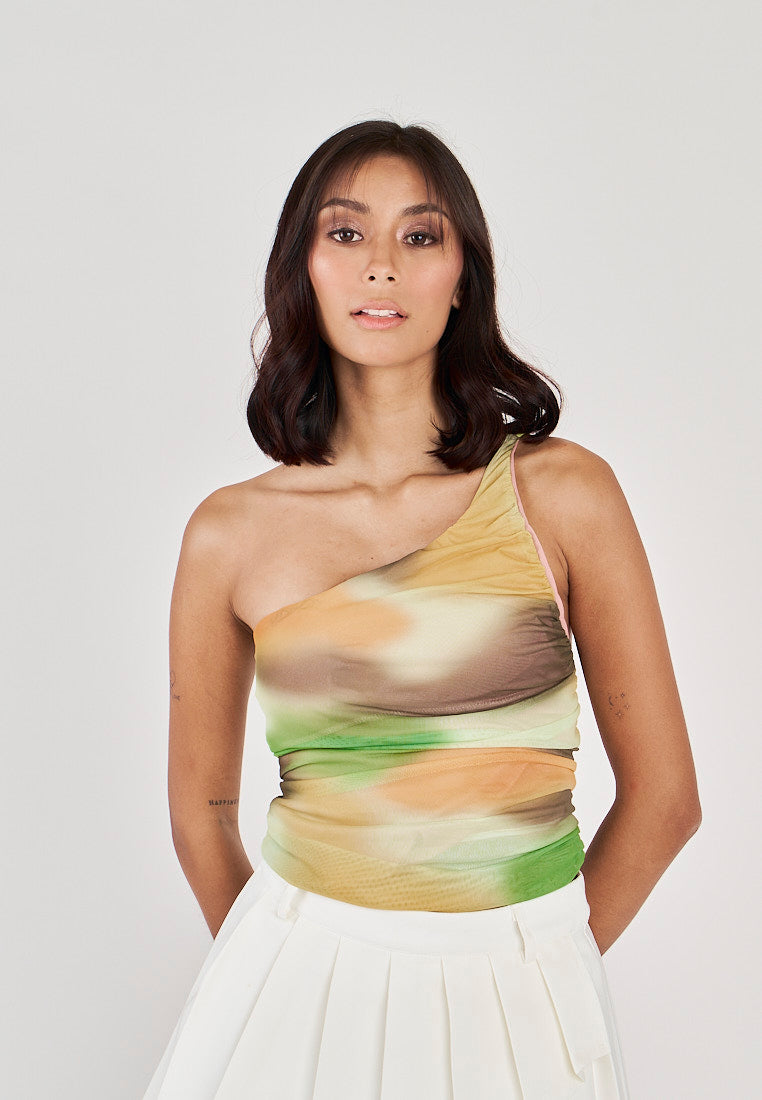 Geniva Multicolor Tie Dye Assymetrical Neckline Ruched Sides Bodysuit