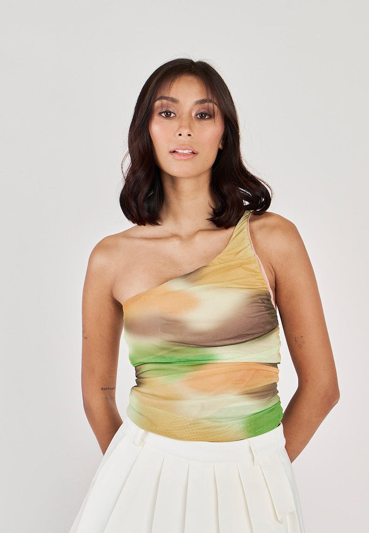 Geniva Multicolor Tie Dye Assymetrical Neckline Ruched Sides Bodysuit