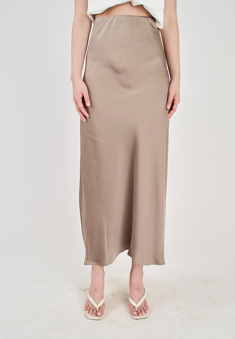 Sundae Green Satin Straght Cut Side Zipper Midi Skirt
