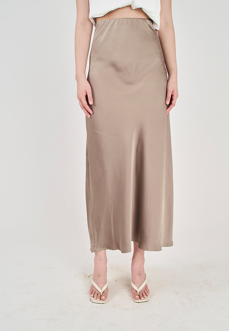 Sundae Green Satin Straght Cut Side Zipper Midi Skirt