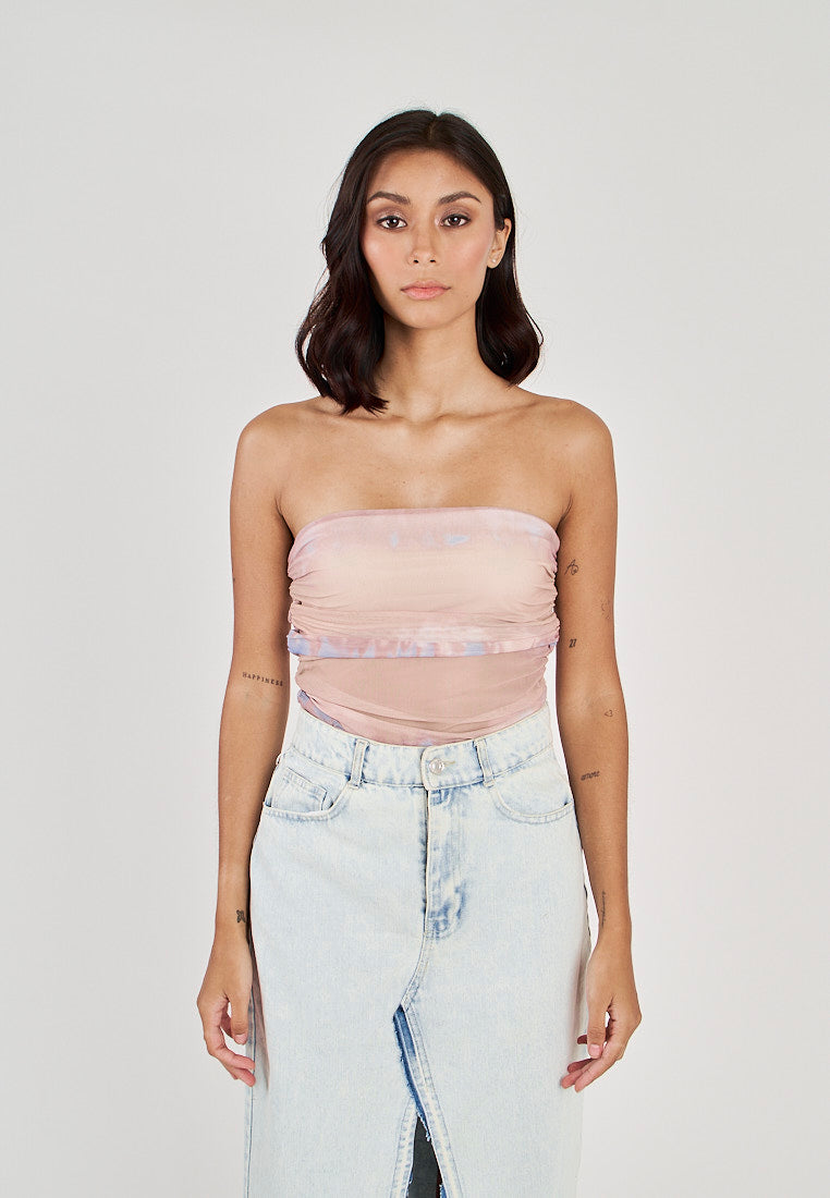 Glee Blue Tie Dye Ruched Sides Tube Mesh Top