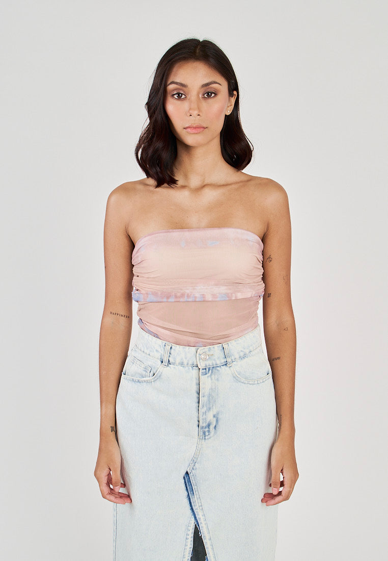 Glee Blue Tie Dye Ruched Sides Tube Mesh Top