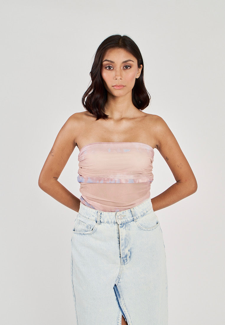 Glee Blue Tie Dye Ruched Sides Tube Mesh Top