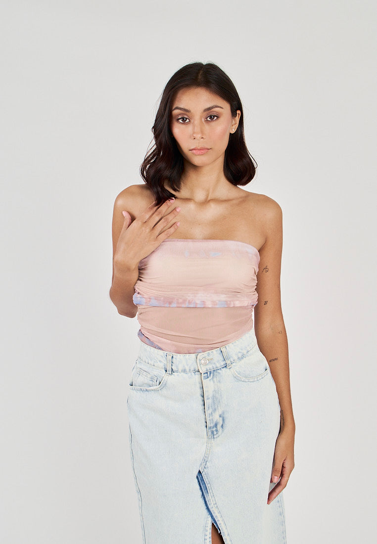 Glee Blue Tie Dye Ruched Sides Tube Mesh Top