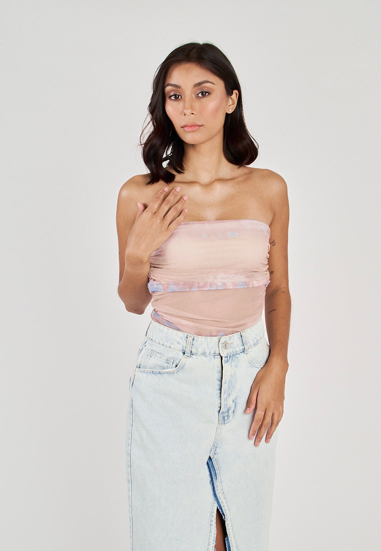 Glee Blue Tie Dye Ruched Sides Tube Mesh Top