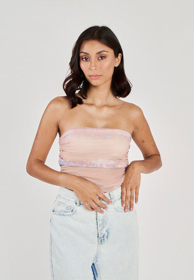 Glee Blue Tie Dye Ruched Sides Tube Mesh Top