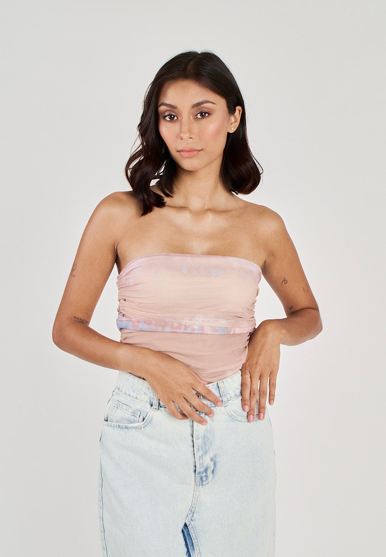 Glee Blue Tie Dye Ruched Sides Tube Mesh Top