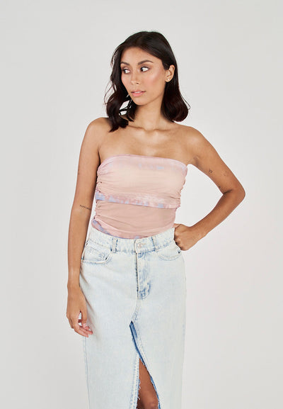 Glee Blue Tie Dye Ruched Sides Tube Mesh Top