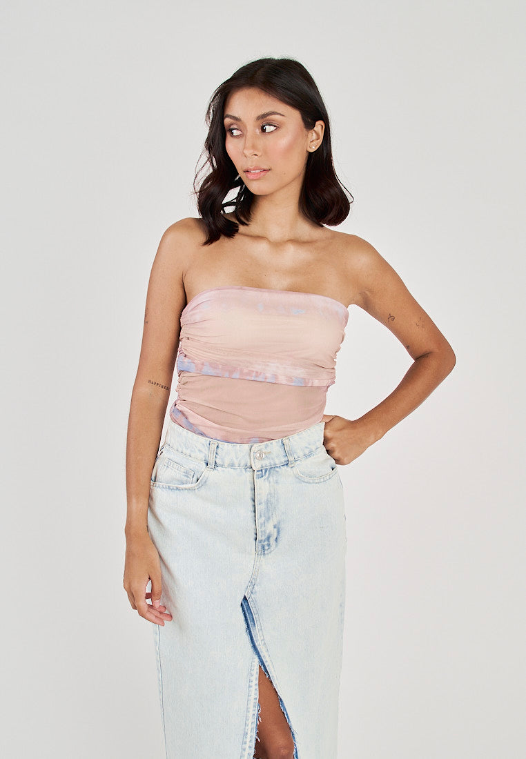 Glee Blue Tie Dye Ruched Sides Tube Mesh Top