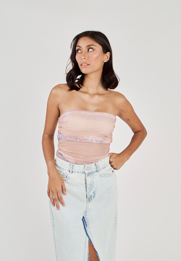 Glee Blue Tie Dye Ruched Sides Tube Mesh Top