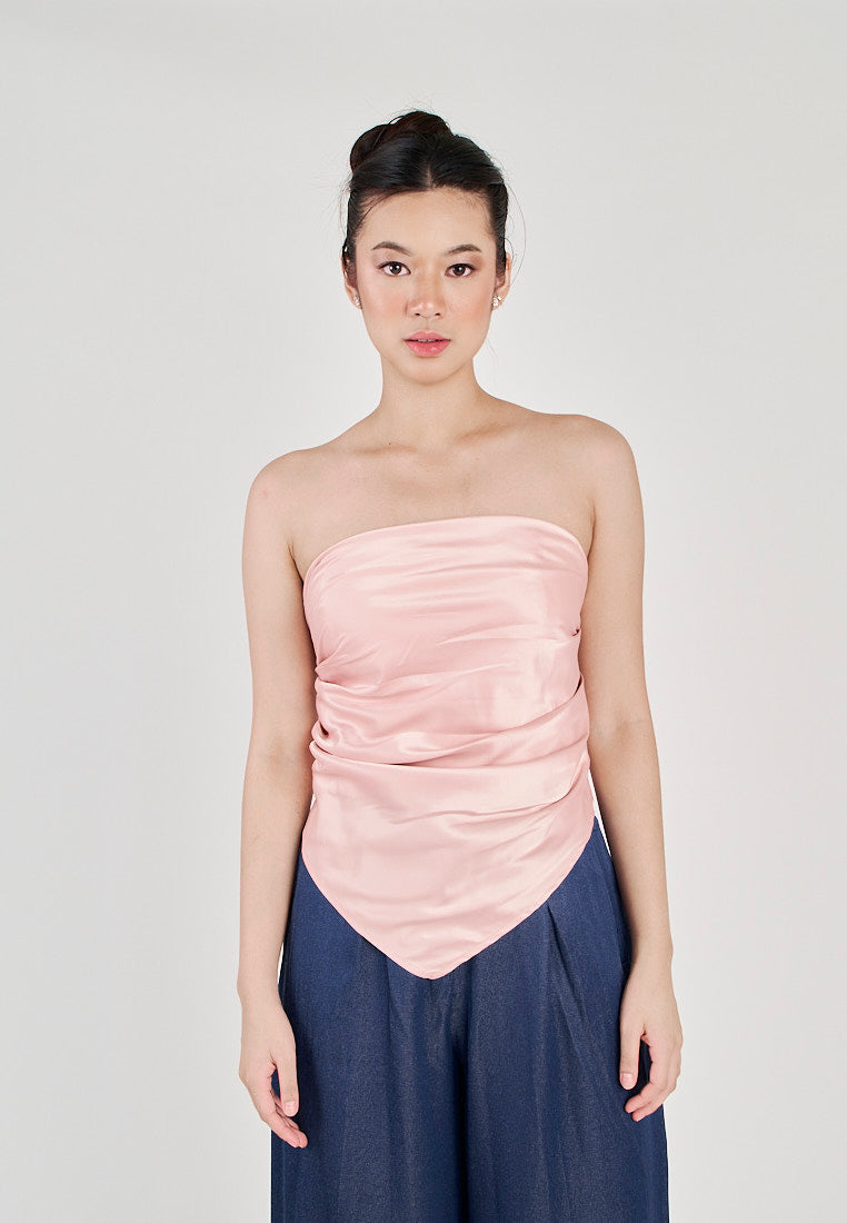 Kreshya Pink Asymmetrical Neckline Pleated Side Zipper Tube Top