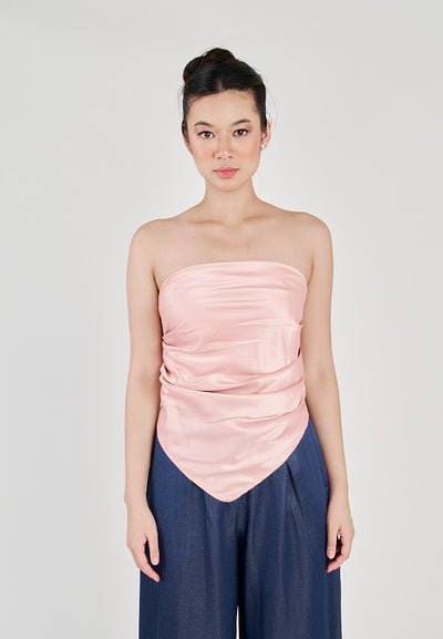 Kreshya Pink Asymmetrical Neckline Pleated Side Zipper Tube Top
