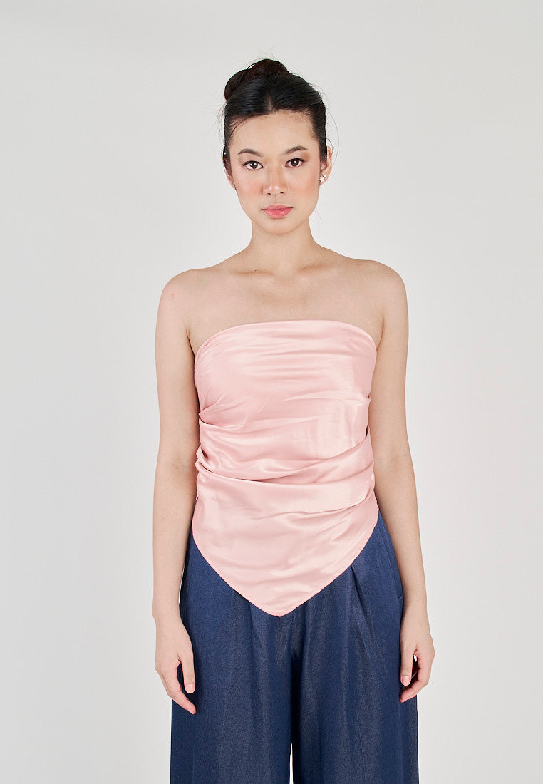 Kreshya Pink Asymmetrical Neckline Pleated Side Zipper Tube Top