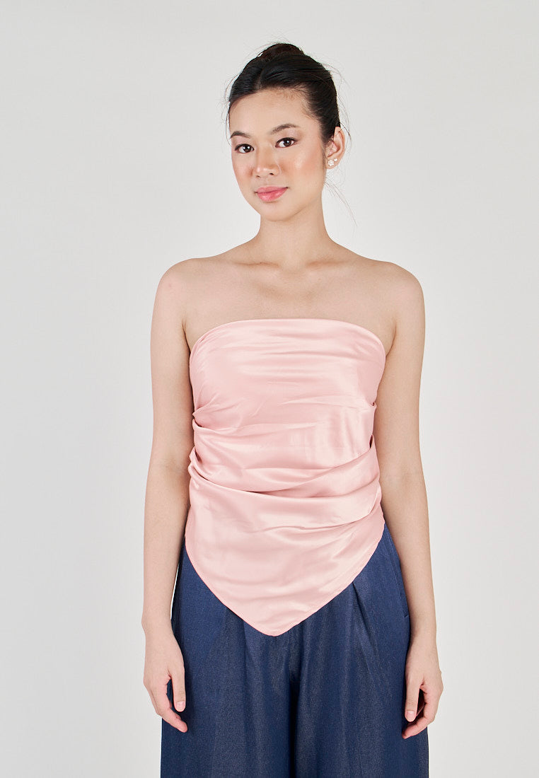 Kreshya Pink Asymmetrical Neckline Pleated Side Zipper Tube Top