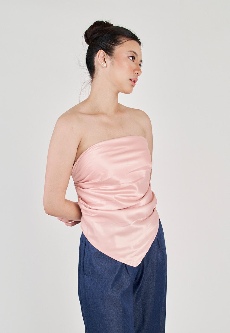 Kreshya Pink Asymmetrical Neckline Pleated Side Zipper Tube Top