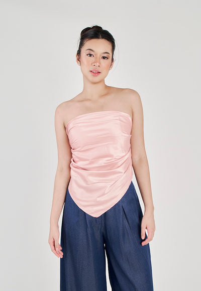 Kreshya Pink Asymmetrical Neckline Pleated Side Zipper Tube Top