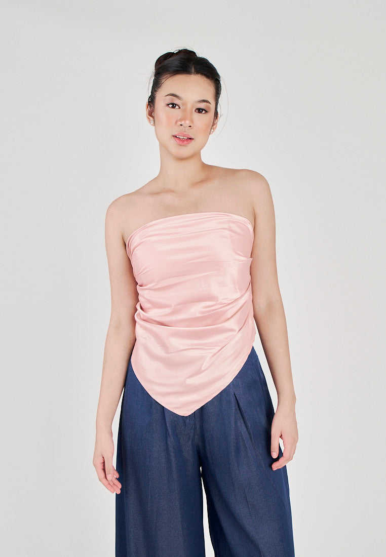Kreshya Pink Asymmetrical Neckline Pleated Side Zipper Tube Top