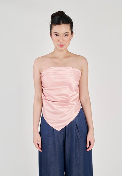 Kreshya Pink Asymmetrical Neckline Pleated Side Zipper Tube Top