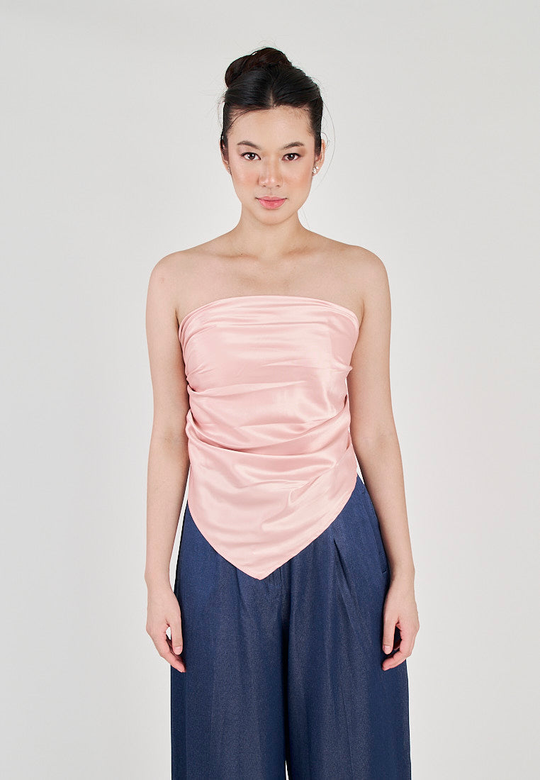 Kreshya Pink Asymmetrical Neckline Pleated Side Zipper Tube Top
